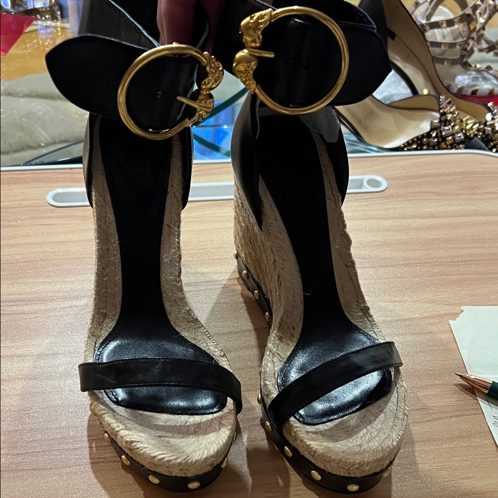 Alexander Mcqueen Black Leather Espadrille Wedge Sandals With Gold Ring Anklets